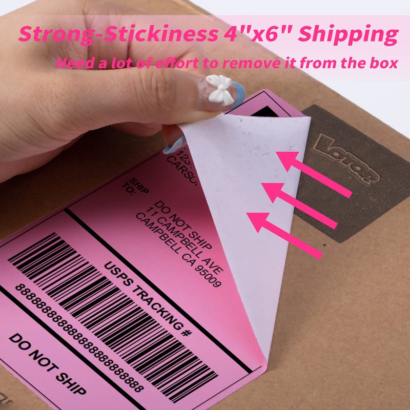 Memoking ملصقات حزمة Memoking - ملصقات حرارية قابلة للطي مقاس 4 بوصات × 6 بوصات، ملصق شحن مباشر ذاتي اللصق، ورق طابعة ملصقات حرارية خالية من BPA، متوافق مع Rollo وMUNBYN وZebra وFargo، 500 قطعة - وردي - Image 4